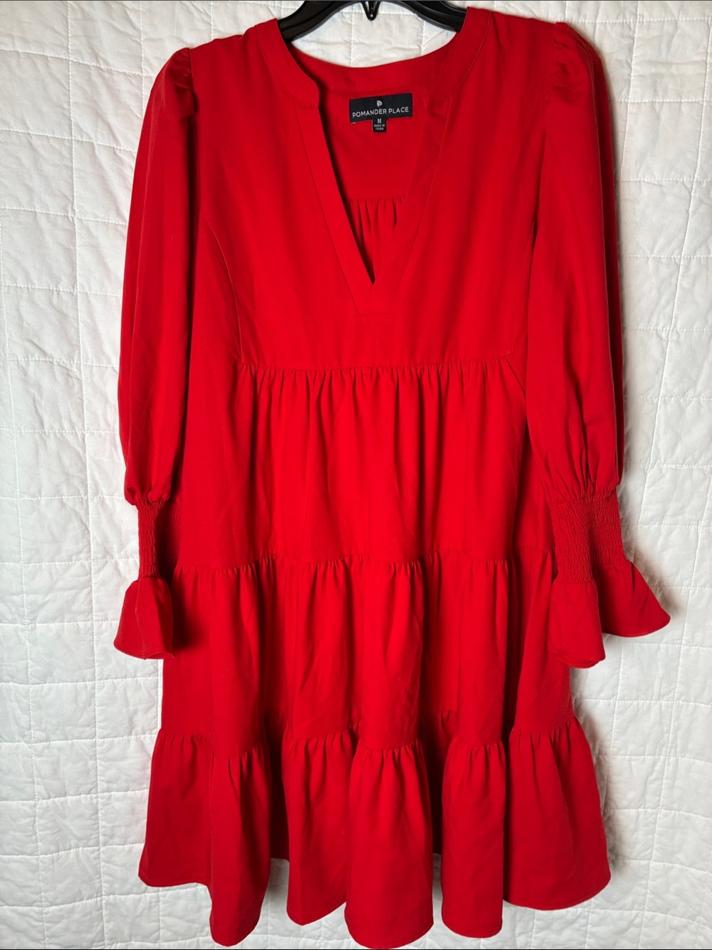 Pomander Place Red Long Sleeve Tiered V-Neck Dress